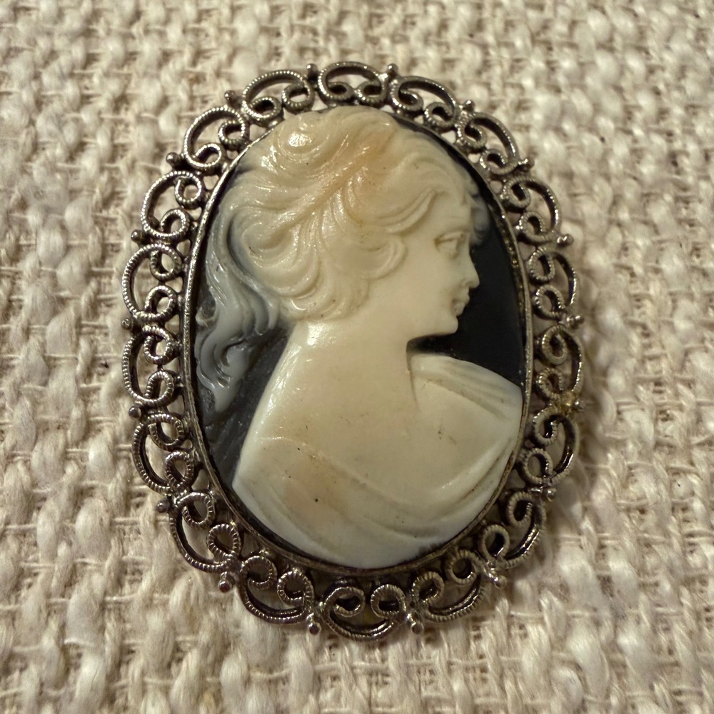 Vintage Cameo Brooch Silver Tone Filigree Oval Portrait Pin Black 2" Victorian